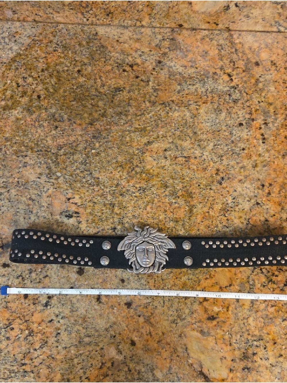 Vintage Black Belt with Studs and Medusa-Style Statement Buckle Grunge Y2K Sz 30